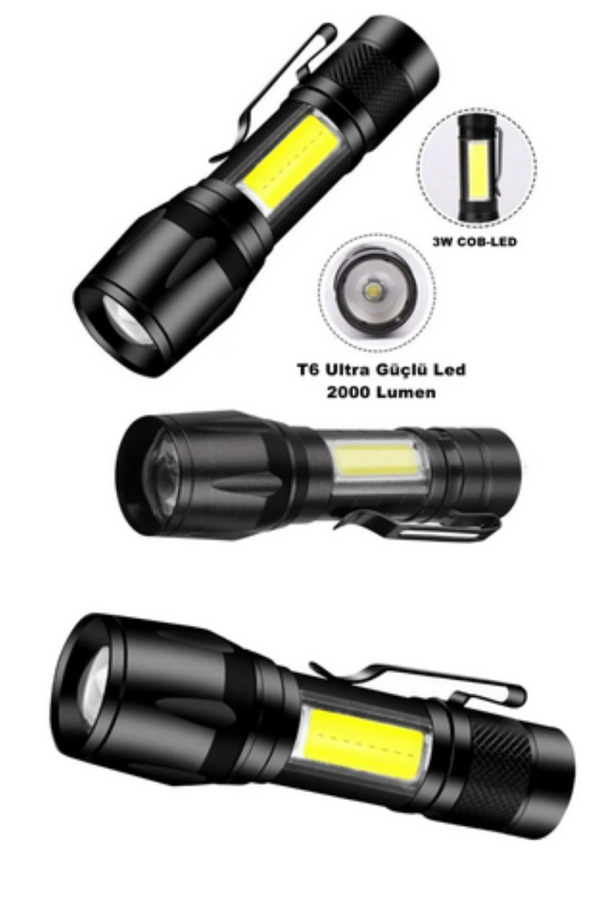 Ultra Güçlü 2500 Lumen USB Şarjlı COB LED Kamp ve Acil Durum Feneri